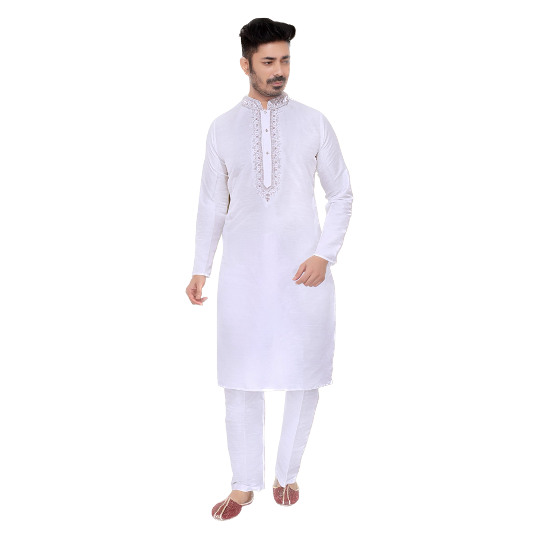 white Mens Kurta Set Embroidered chikankari With Neck Work Detailing