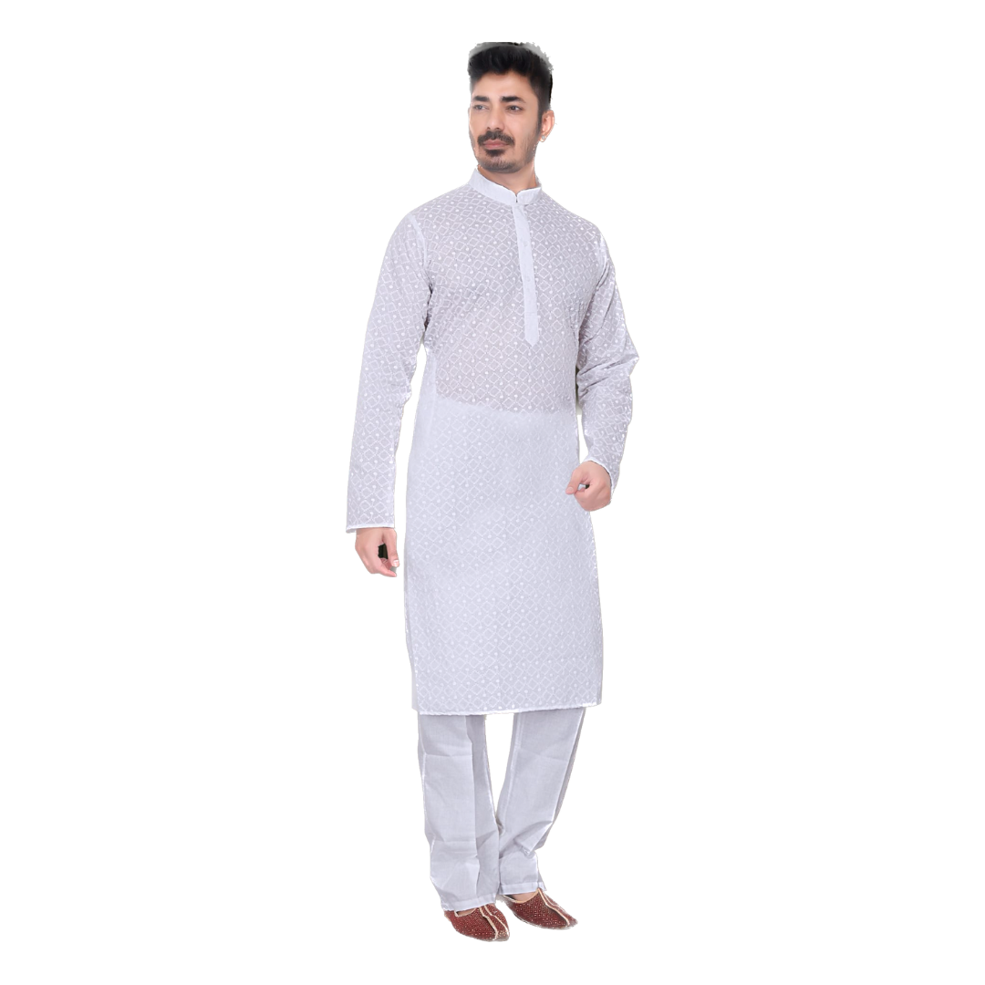Classic white chikankari mens kurta set