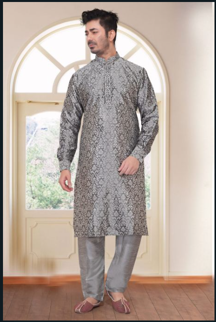 Mens Kurta Set Grey Brocade Party Wear Classy