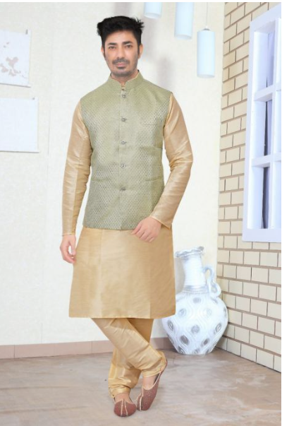 Mens Peach color Waist Coat With Gold Sparkled