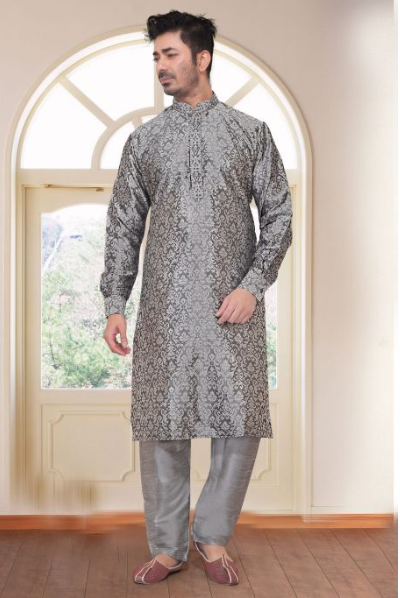 Mens Kurta Set Brocade Fabric Grey With Inner Stitched