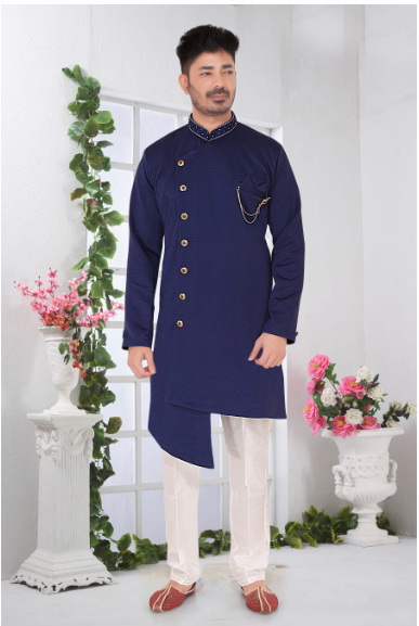 Mens  Sherwani Set Royal Blue  -Textured Elegance