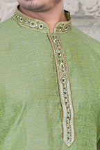 Mens Green Kurta Set Jacquard Fabric