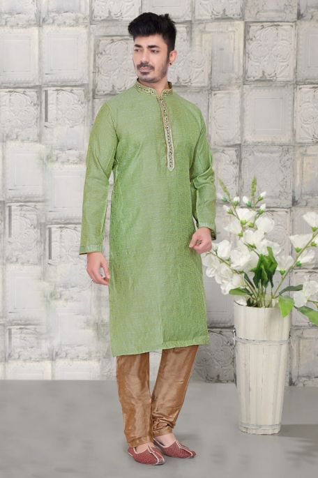 Mens Green Kurta Set Jacquard Fabric