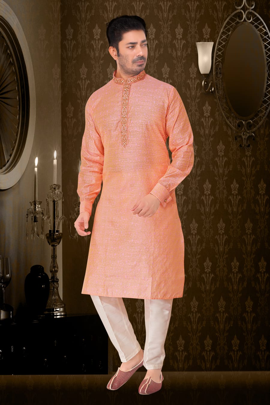 MENS PEACH KURTA SET JACQUARD FABRIC