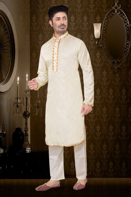 MENS  SILK KURTA DESIGNER SET CREAM PRINCELY ROYAL